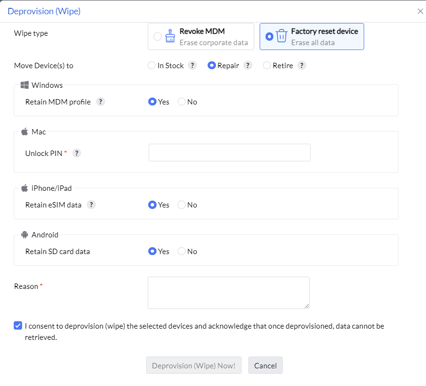 Factory reset device