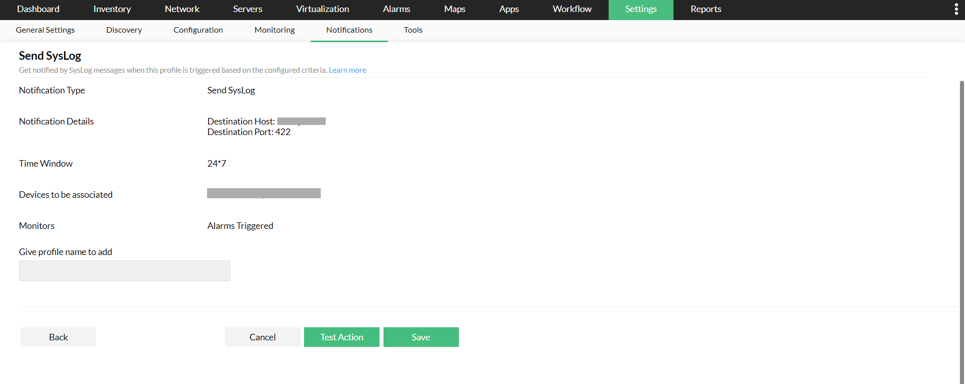 Syslog notification profile in OpManager