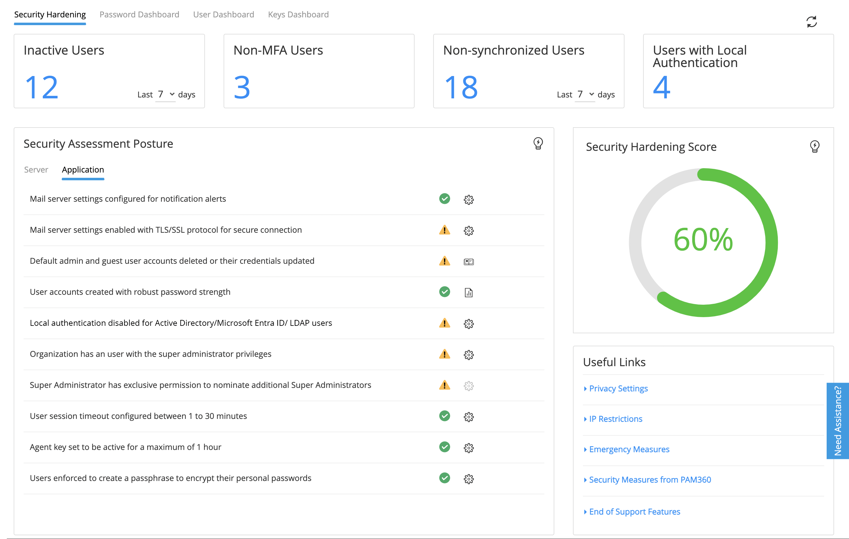 PAM Hardening dashboard - ManageEngine PAM360