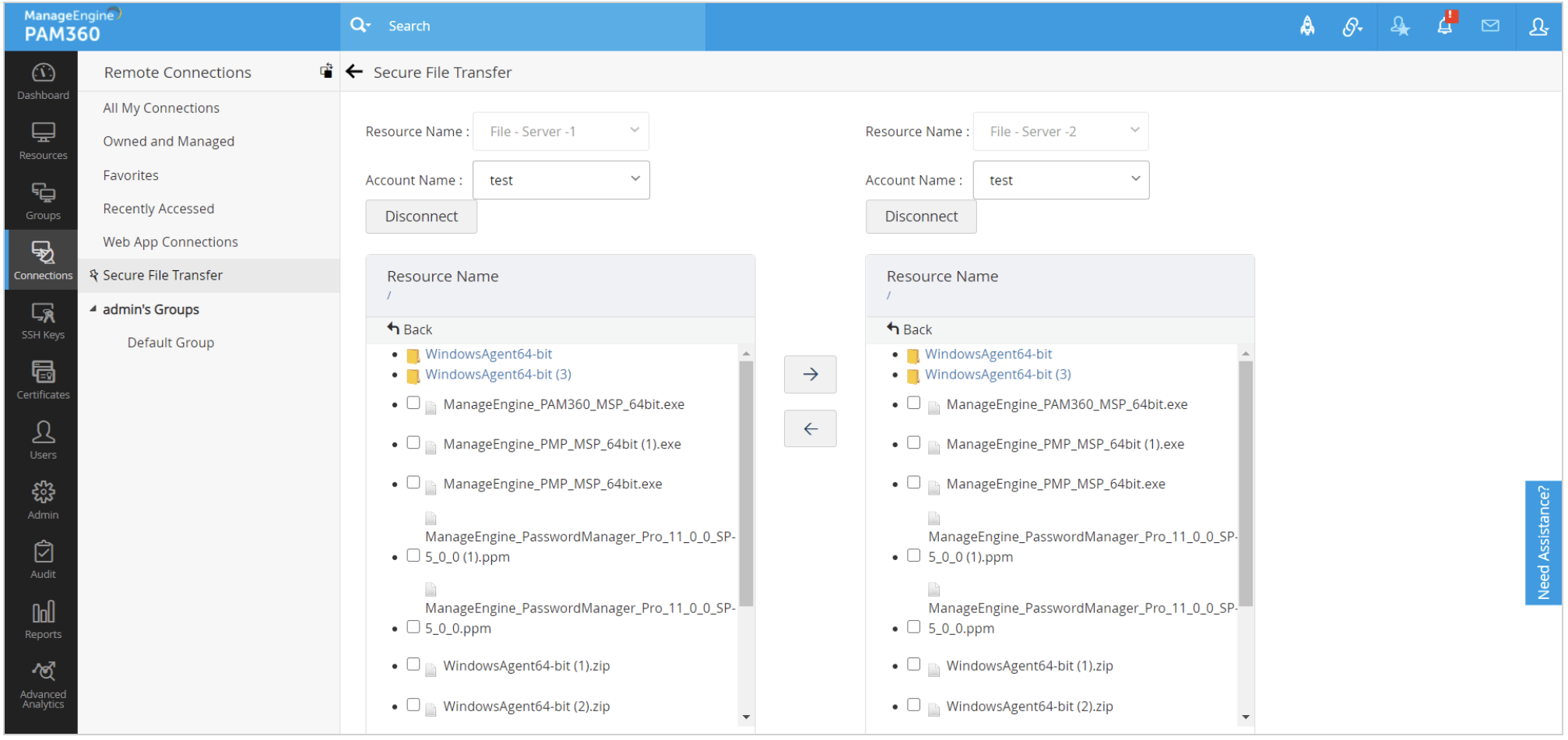 Secure file transfer with PAM360