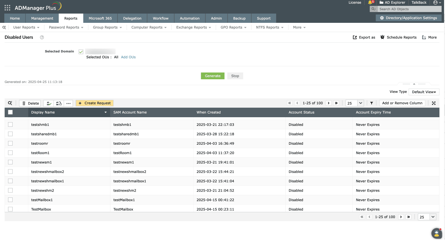 A report on AD disabled users in ADManager Plus.