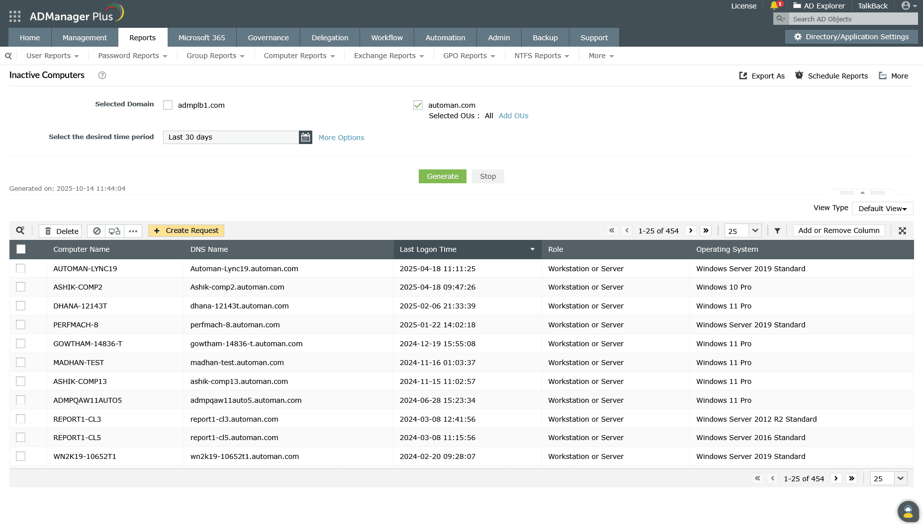 A report on inactive computers in AD generated using ADManager Plus.