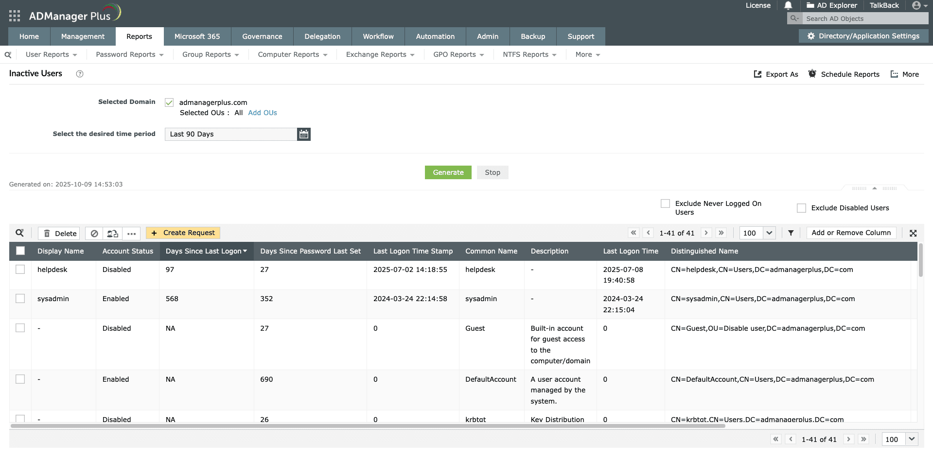 A report on inactive users in AD generated using ADManager Plus.