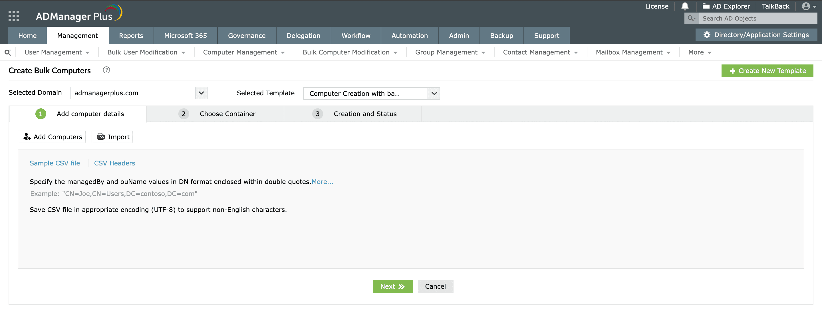 Add multiple computers to your Active Directory at once using ADManager Plus.