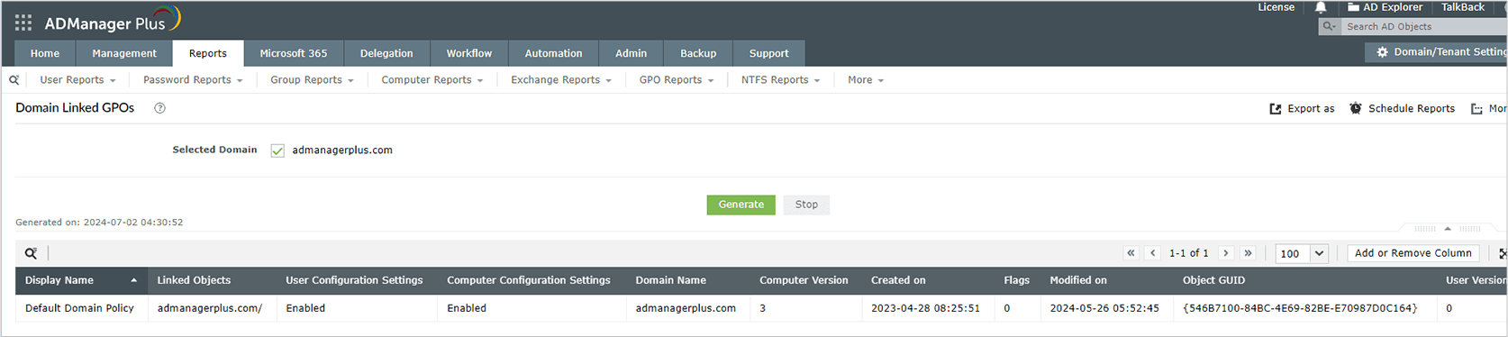 Screenshot of Domain Linked GPOs report under GPO Reports in ADManager Plus.