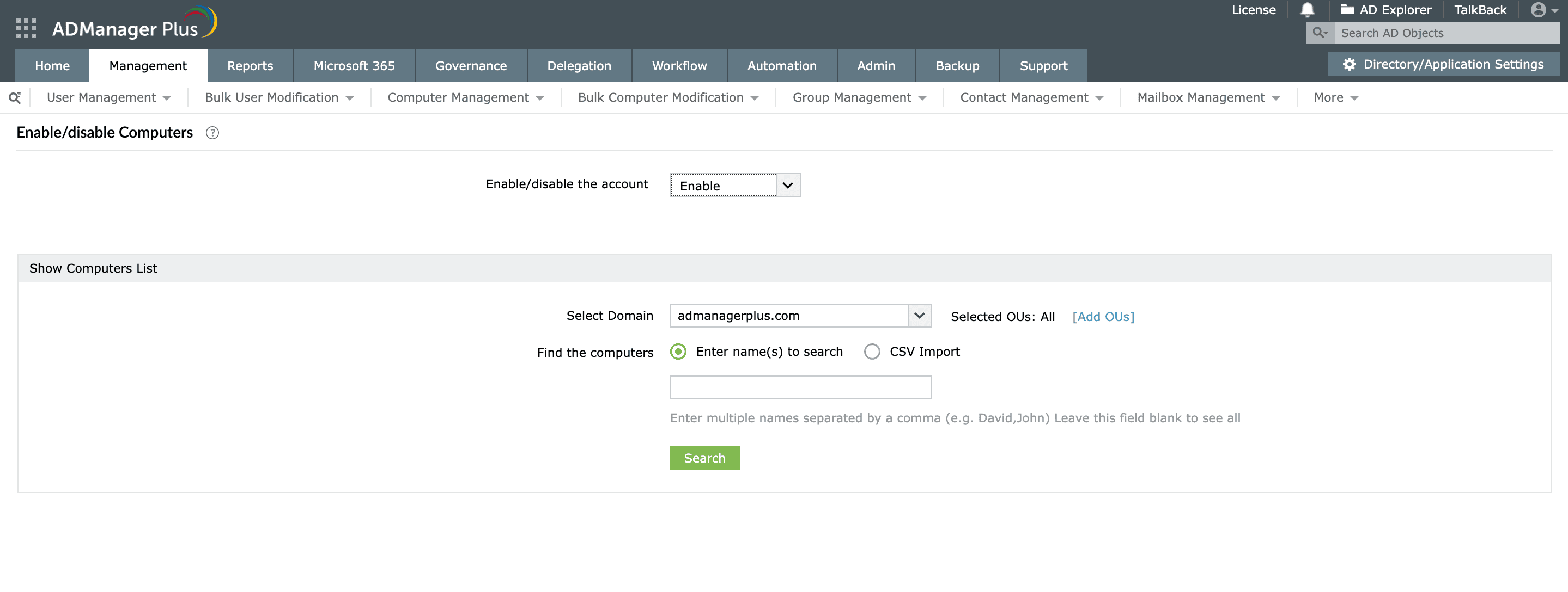 Enable or disable computer objects using ADManager Plus.