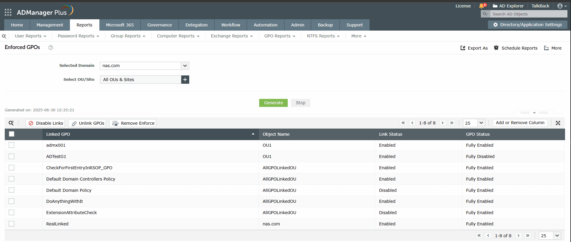 Enforced GPO report in ADManager Plus