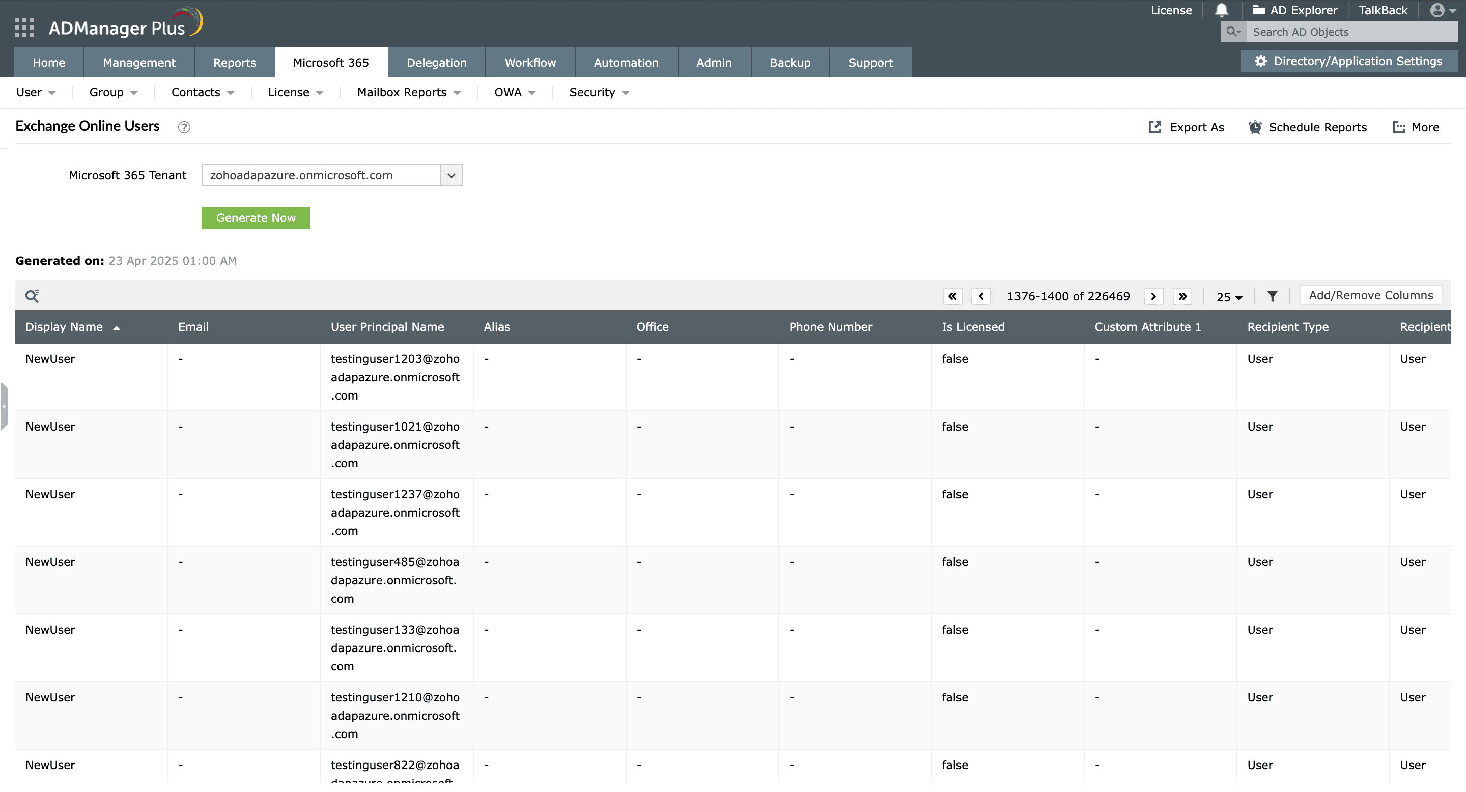 Exchange Online Users report