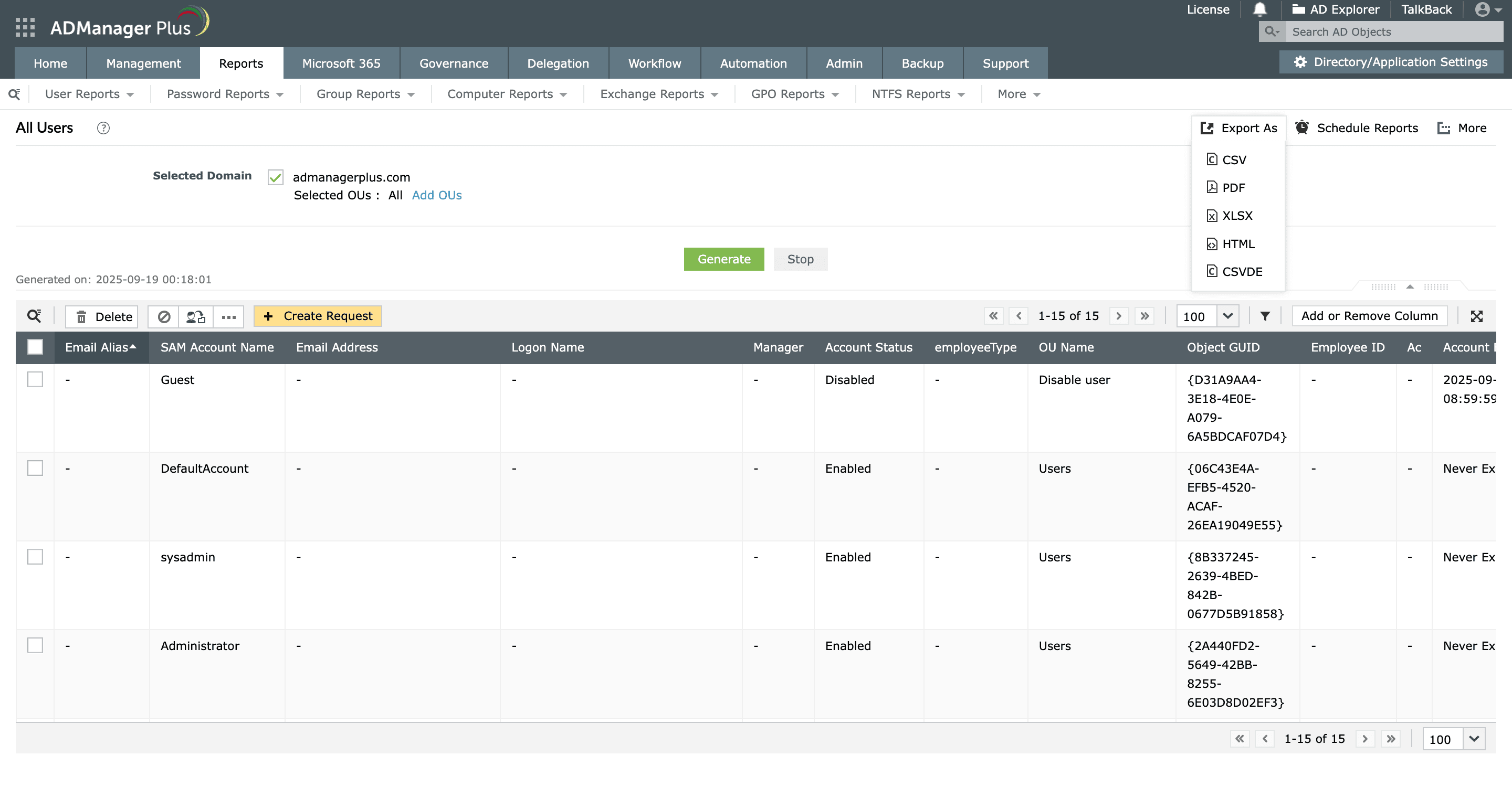 Export AD user reports in various formats, such as CSV or PDF, using ADManager Plus.