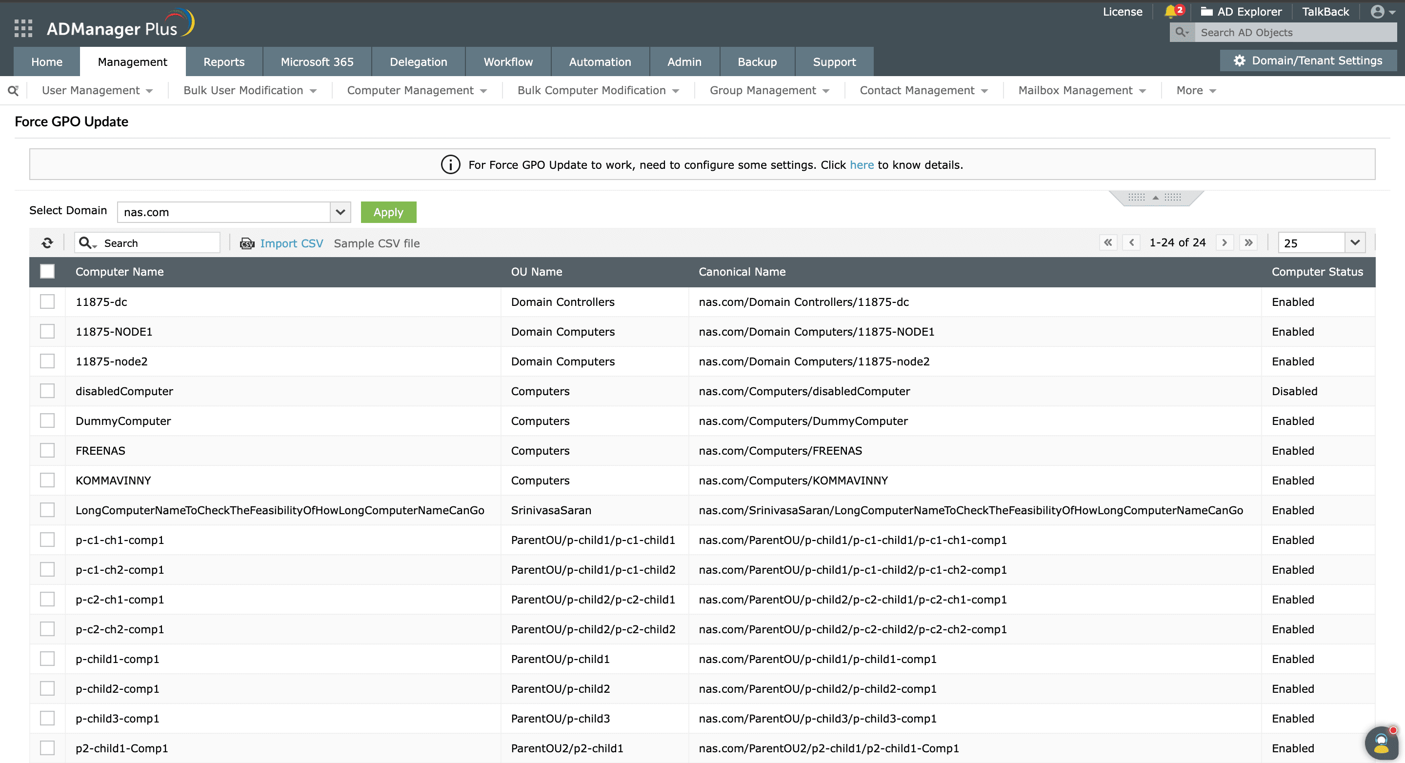 An example of how to force GPO updates in ADManager Plus without using the gpupdate command 