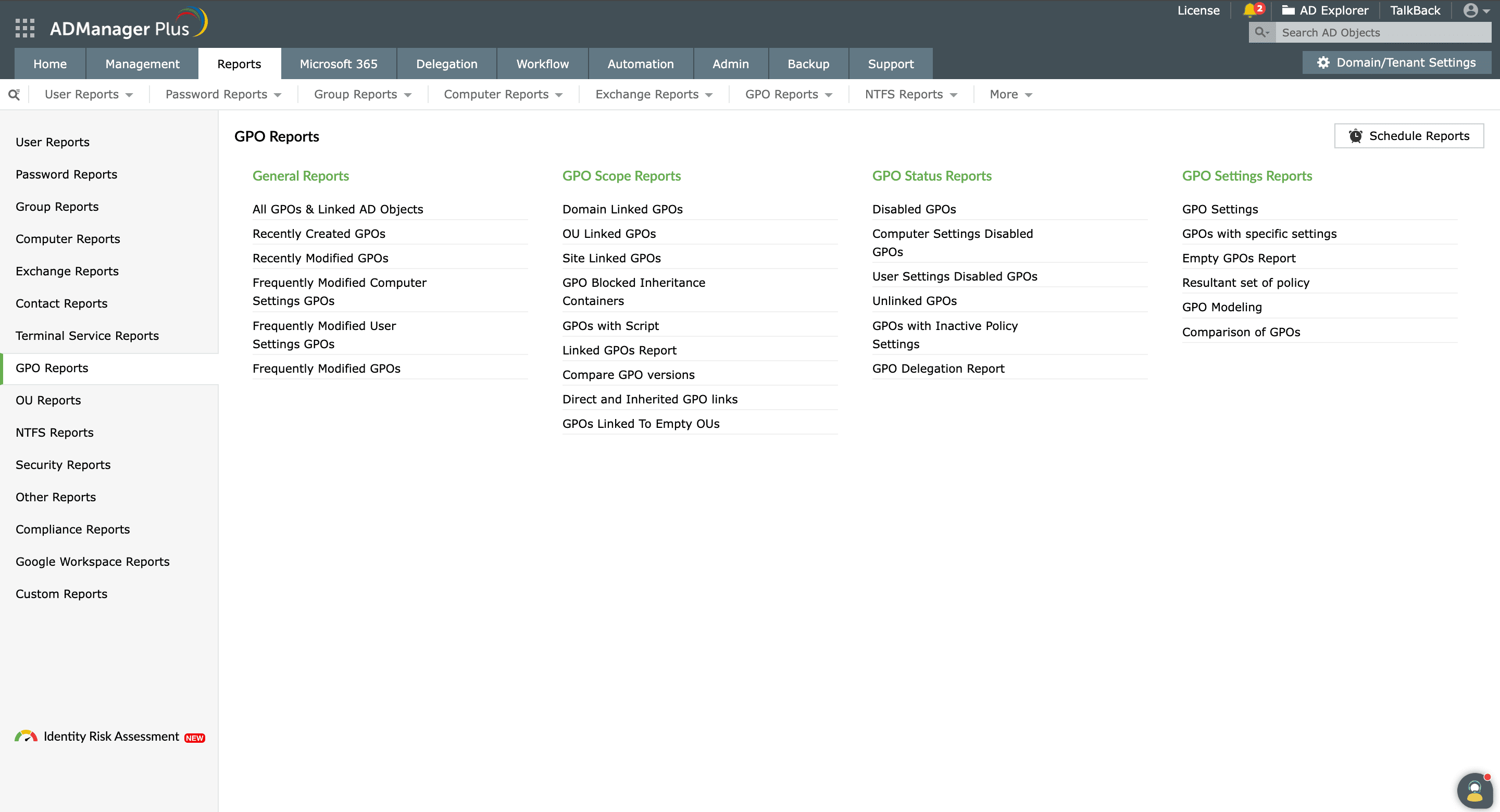 An overview of all the GPO reports available in ADManager Plus