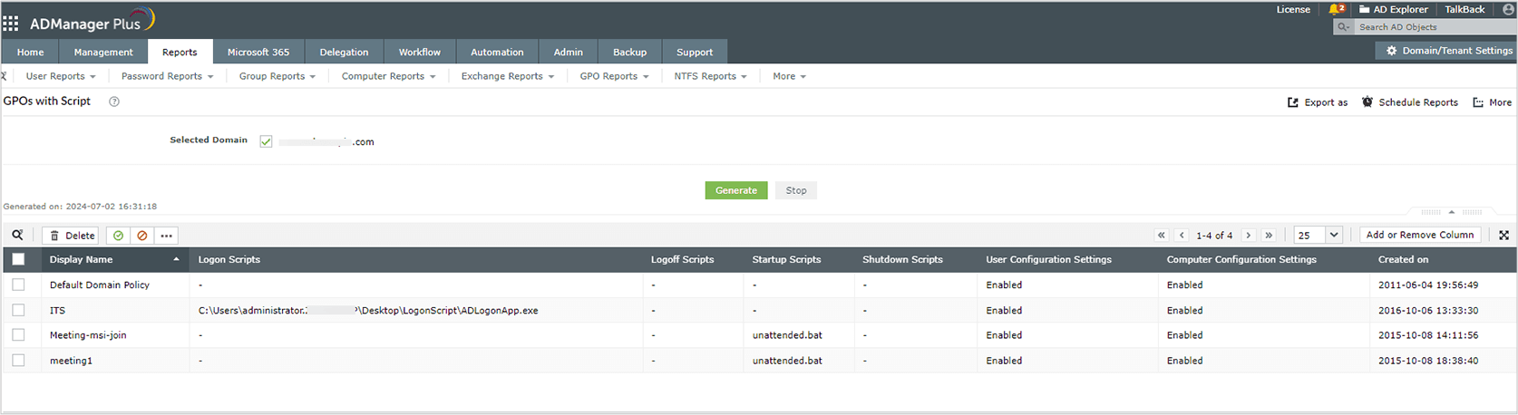 Screenshot of GPOs with Script report under GPO Reports in ADManager Plus.