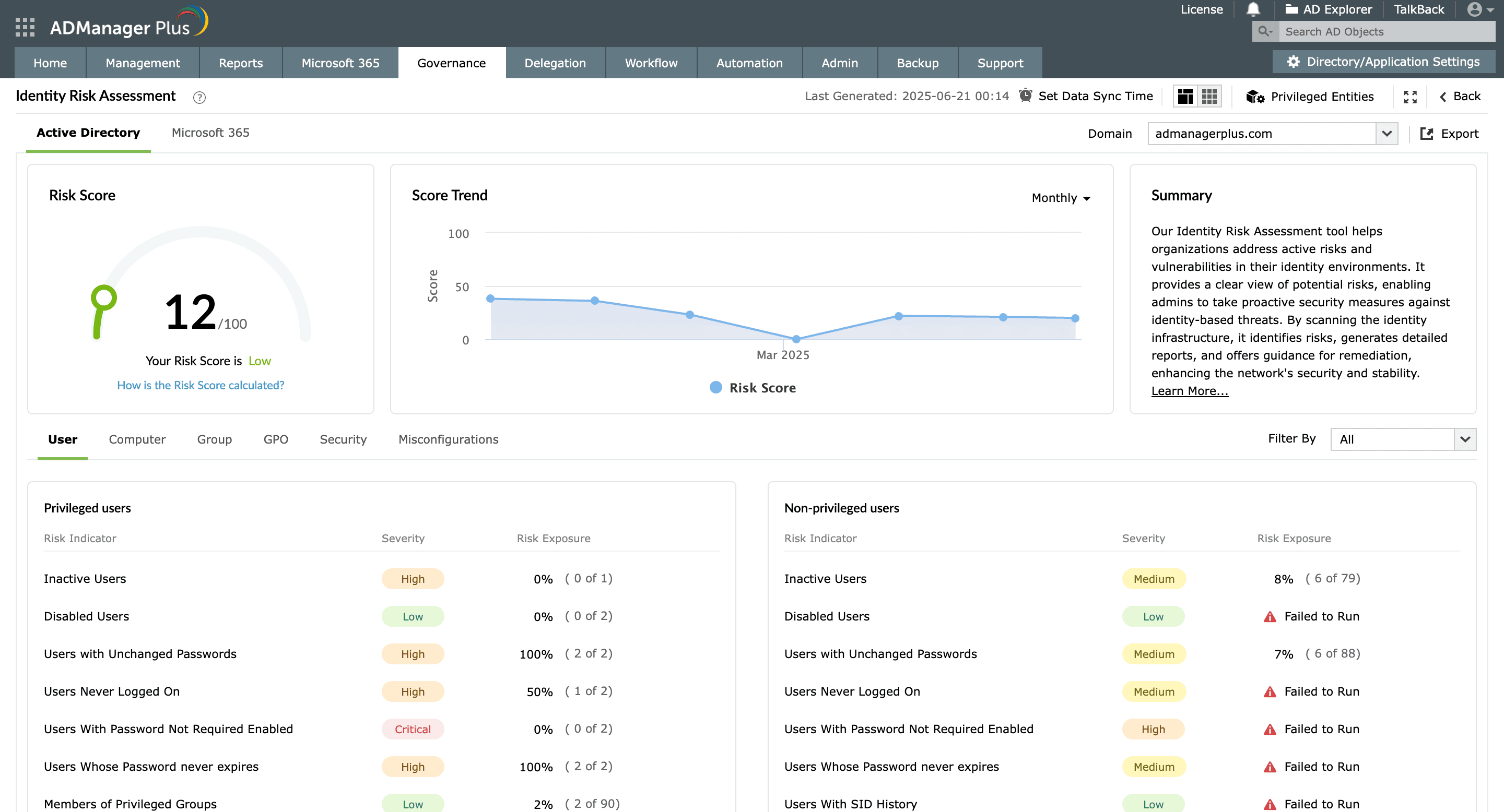 Gain visibility into your hybrid AD security posture using the Identity Risk Assessment report in ADManager Plus.