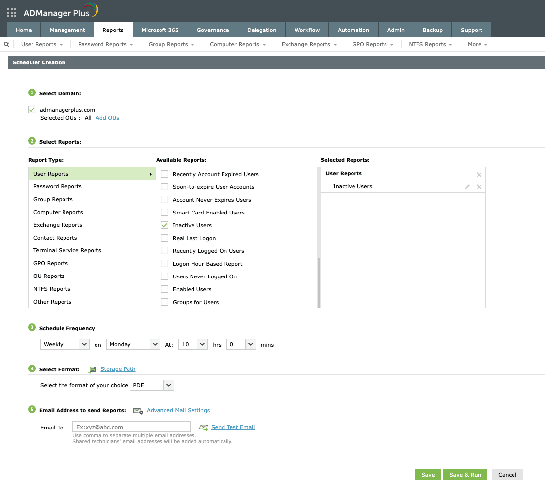 Scheduling an AD inactive users report to email addresses using ADManager Plus.