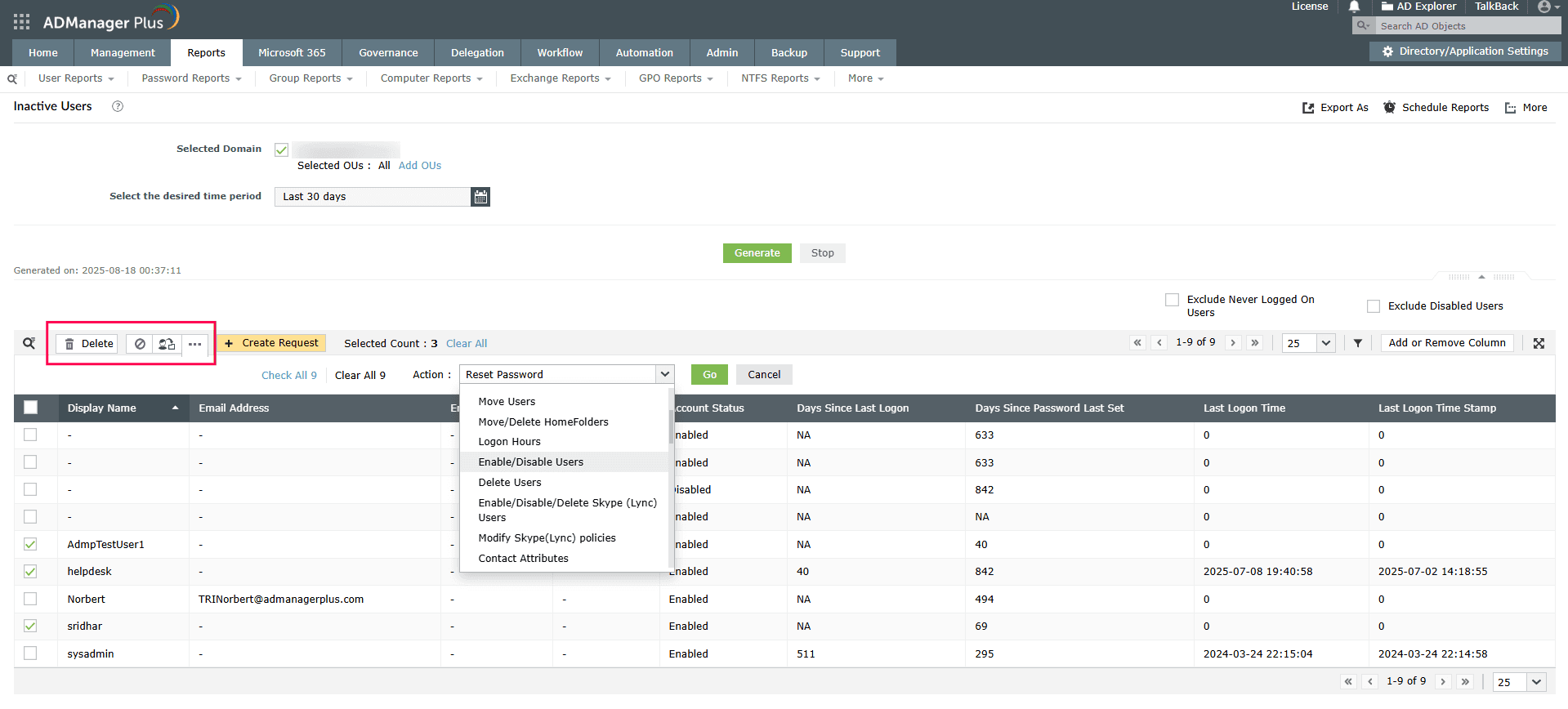 The Inactive Users report in ADManager Plus helps admins find inactive AD users and manage them instantly.