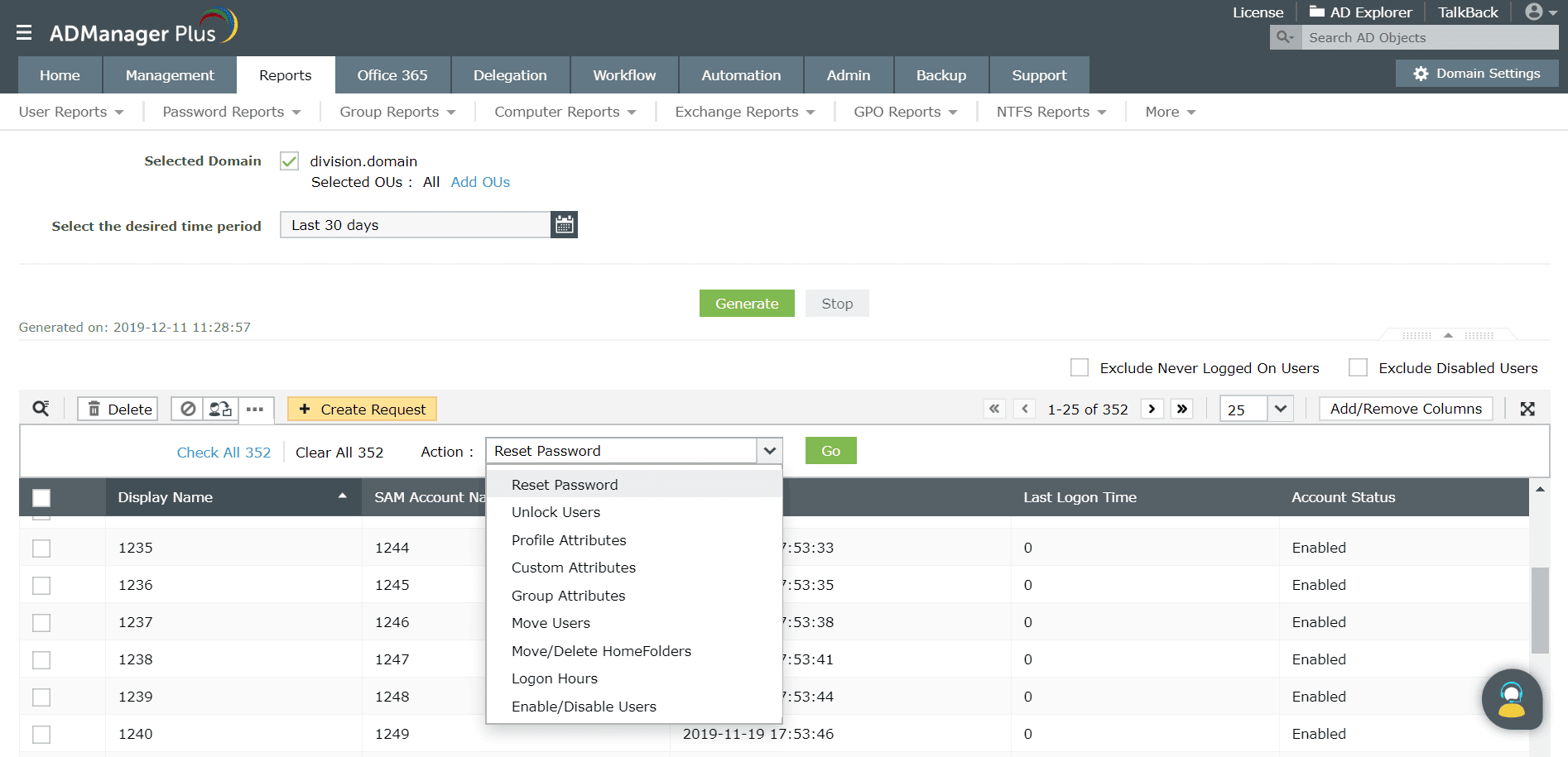 Performing management actions directly from a report in ADManager Plus.