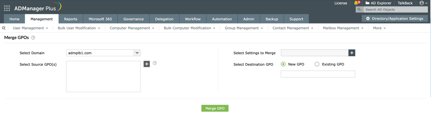 Merging GPOs using ADManager Plus