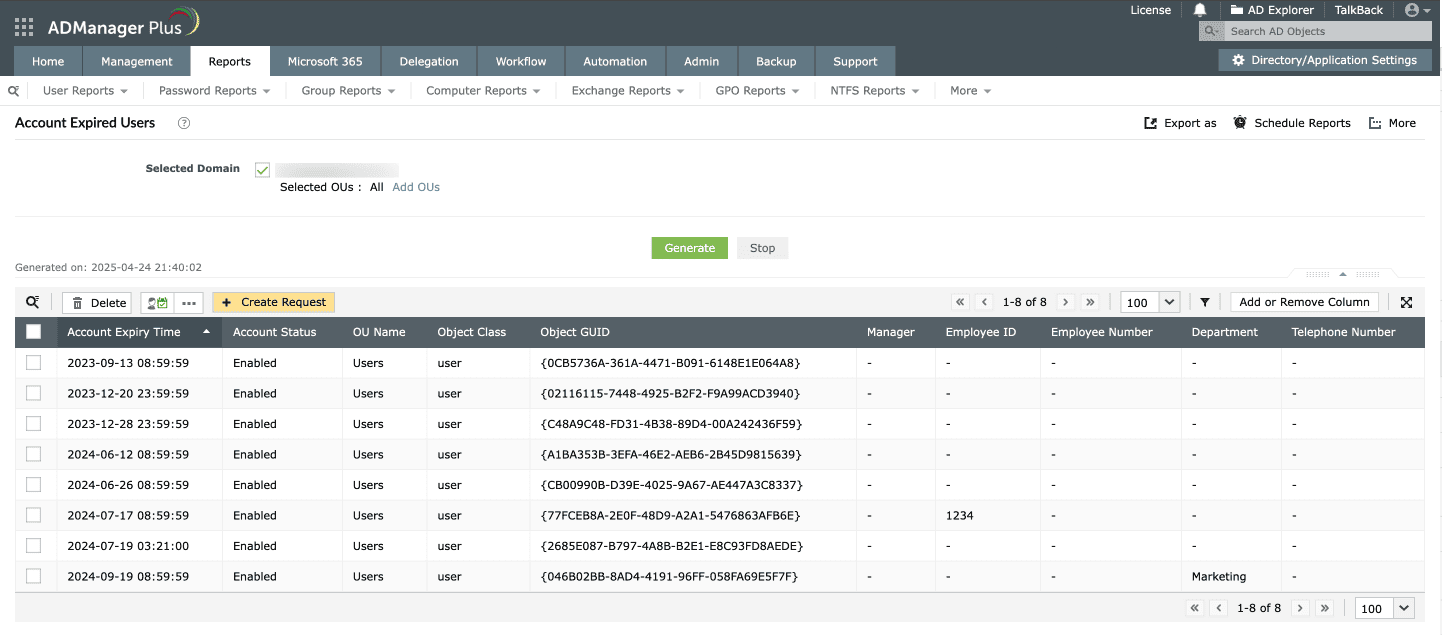 A report on users with recently expired accounts in ADManager Plus. 