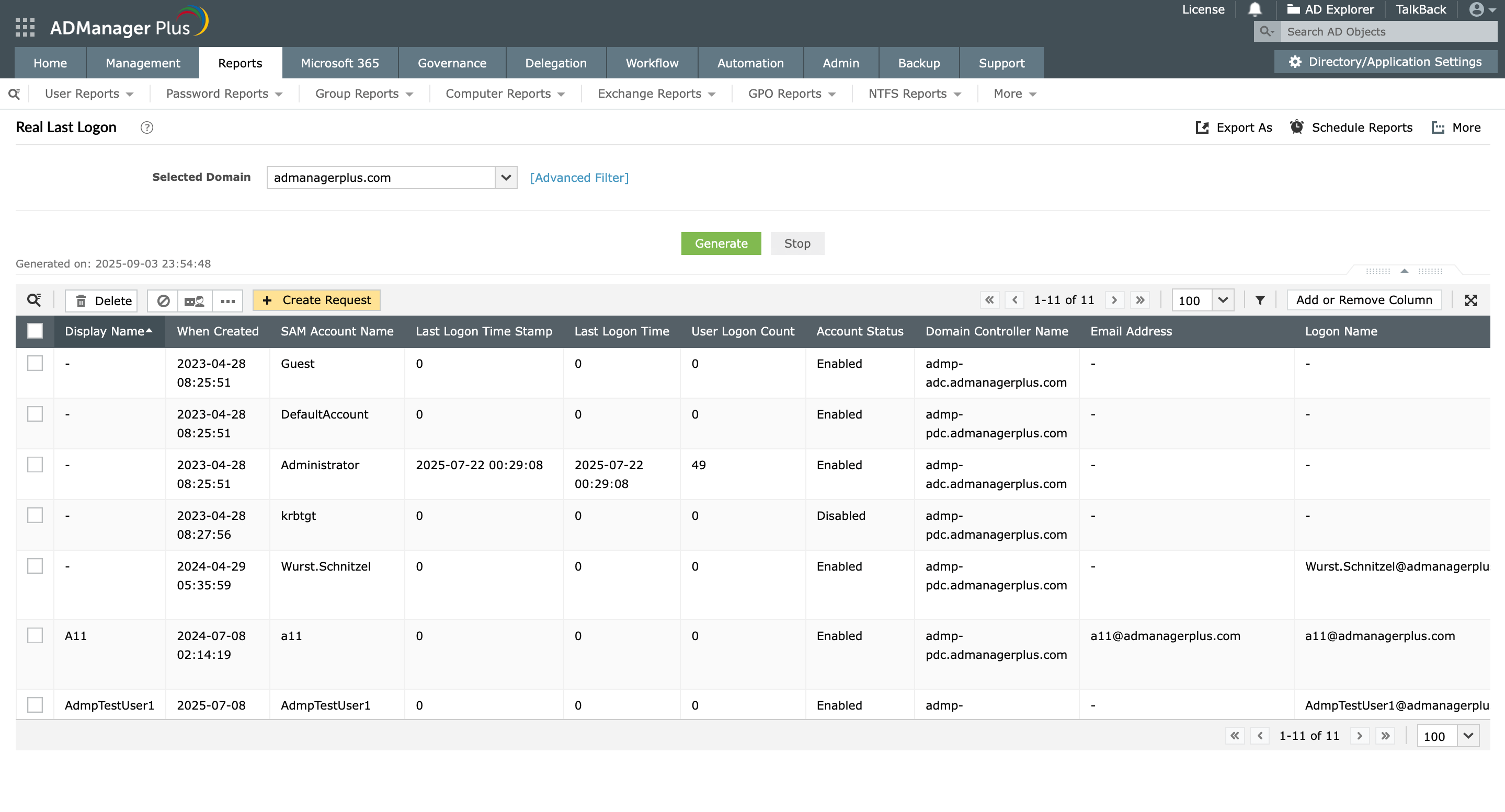 The Real Last Logon report in ADManager Plus that fetches the true last logon of AD users. 