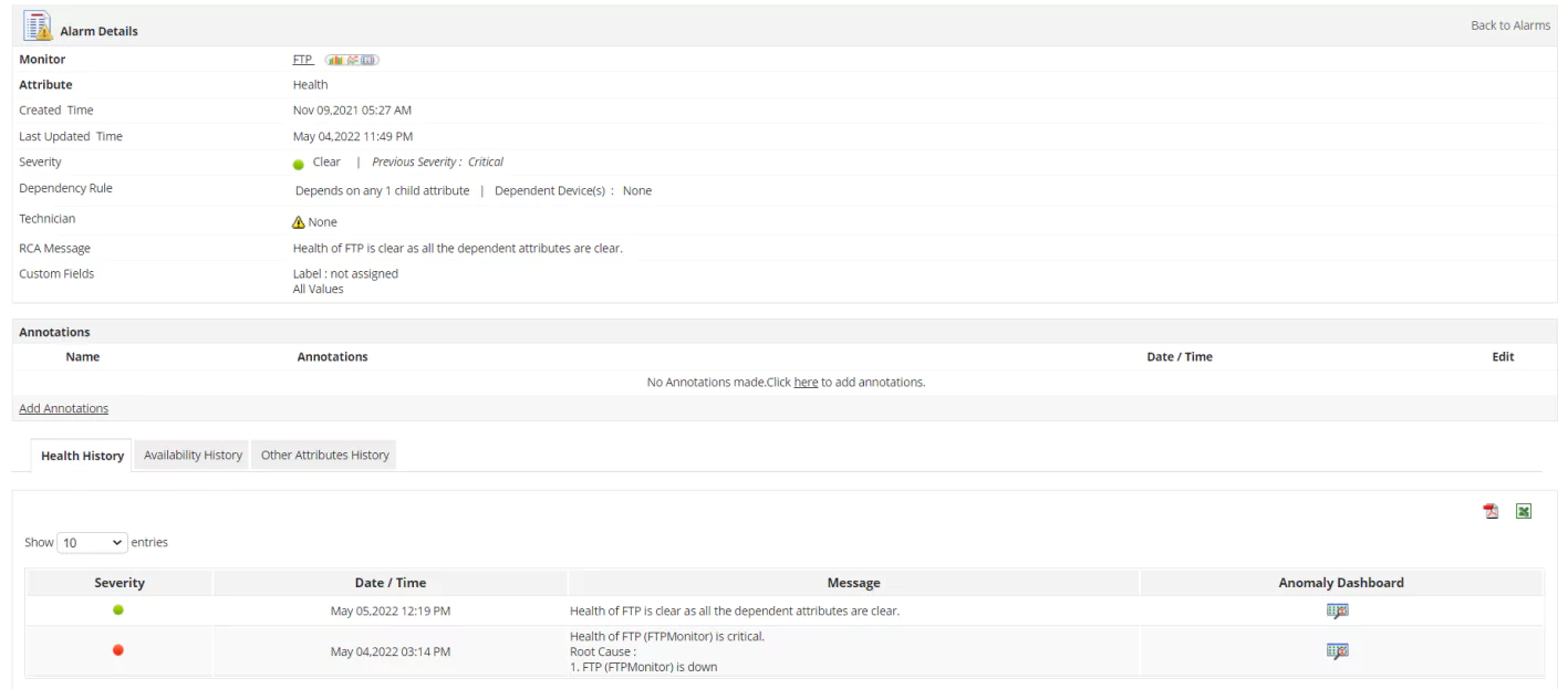 Example of an email alert notification for a critical FTP server performance issue, showing customizable thresholds.