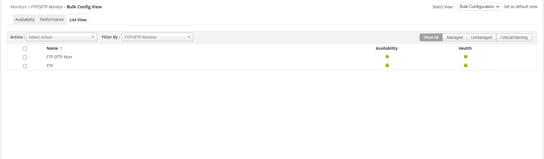 Screenshot showing detailed FTP server connection metrics and active user sessions monitored by Applications Manager, including session IDs and client IPs.r