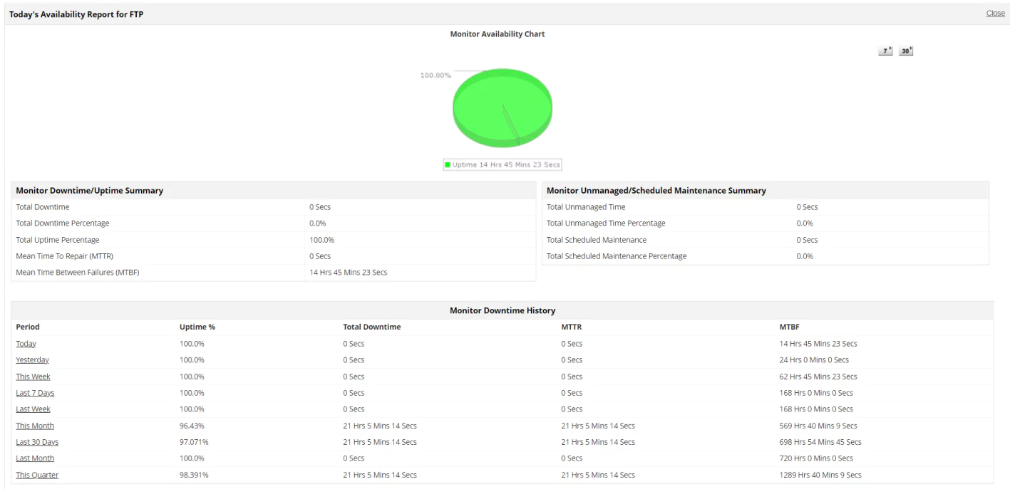 Example of a sample performance report generated by the FTP monitor, showing customizable thresholds.