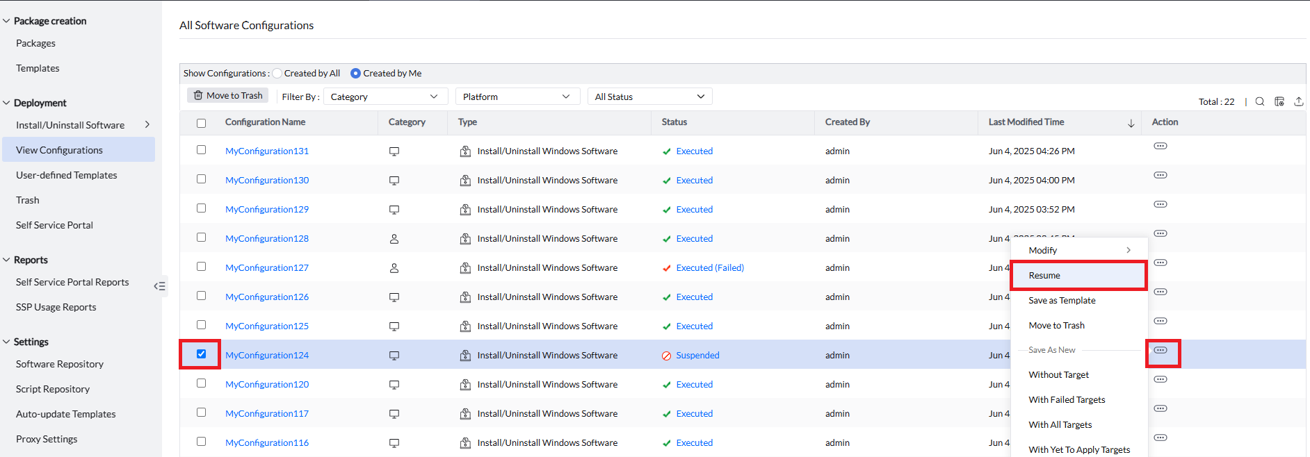 Resume configuration navigation