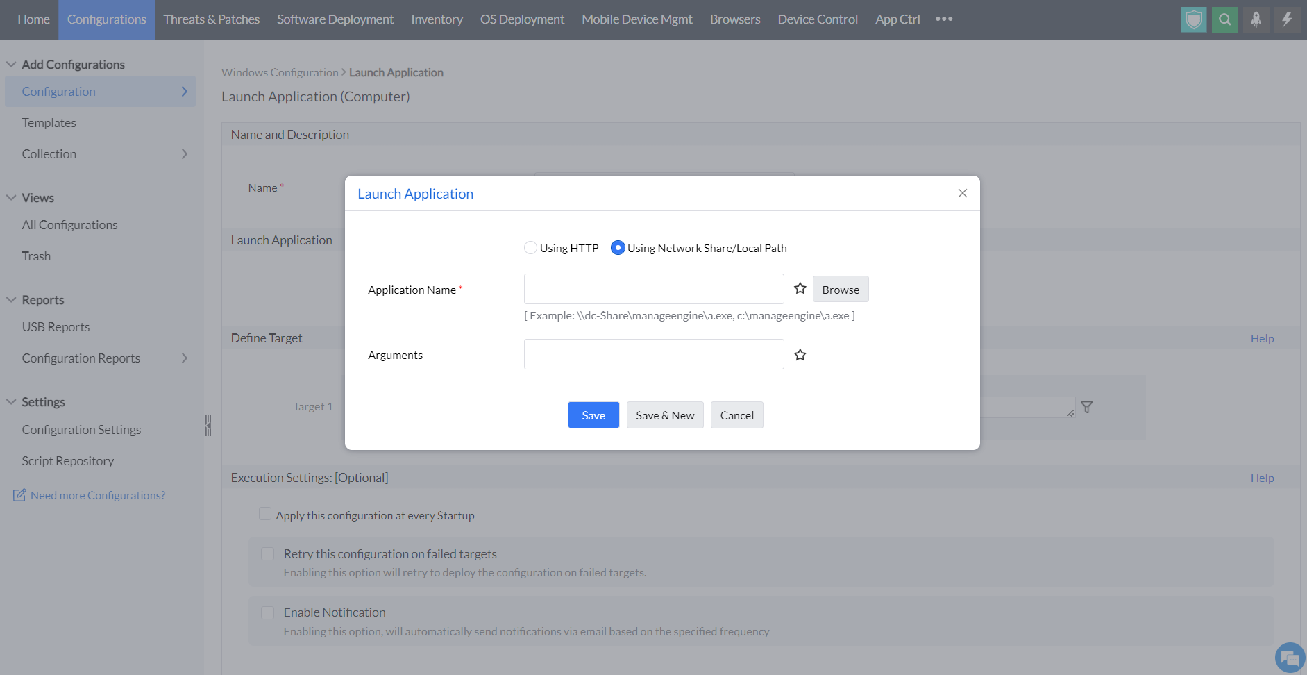 launching an application using network share in endpoint central