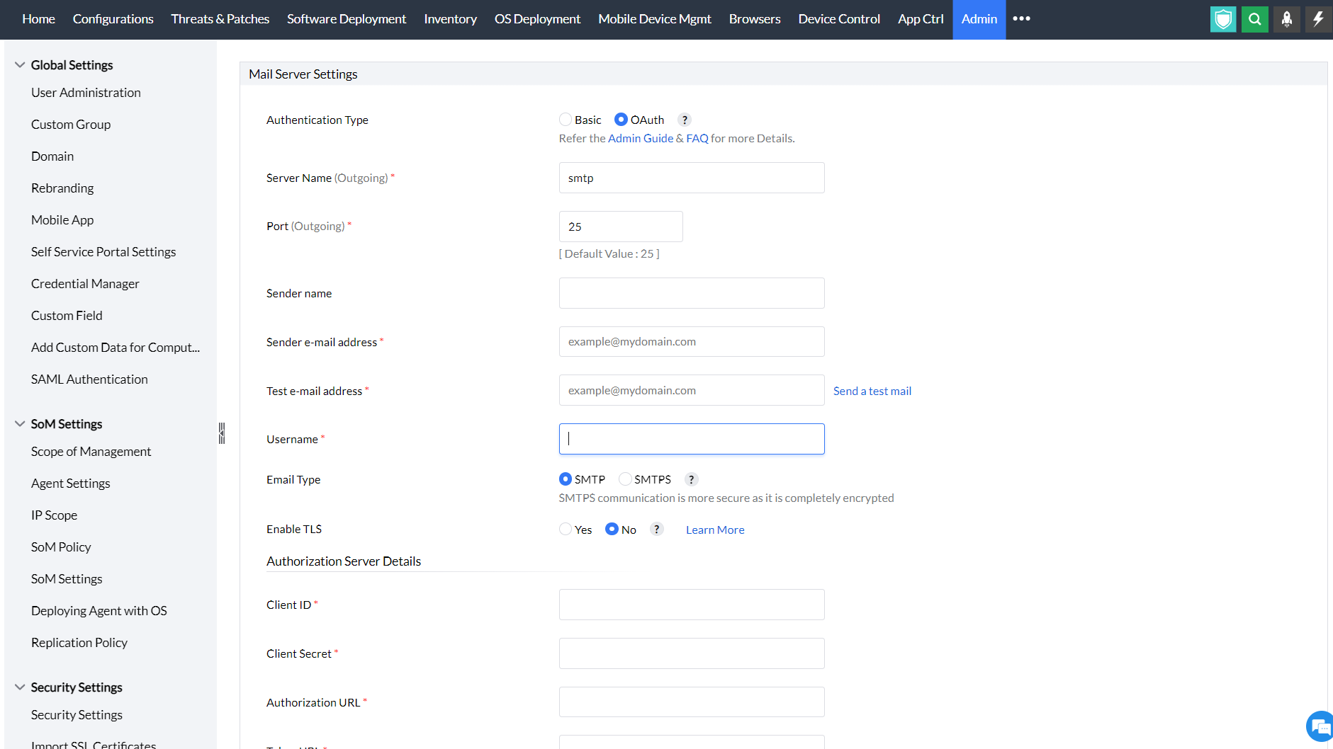  mail server settings in endpoint central