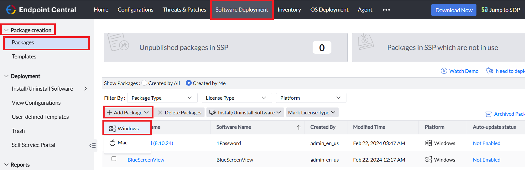 Windows package creation navigation