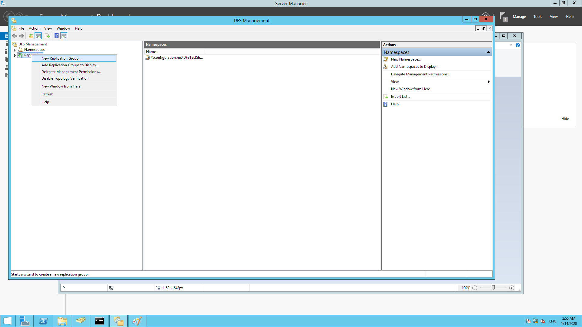 Navigation to configure the DFS Replication Group under DFS Management