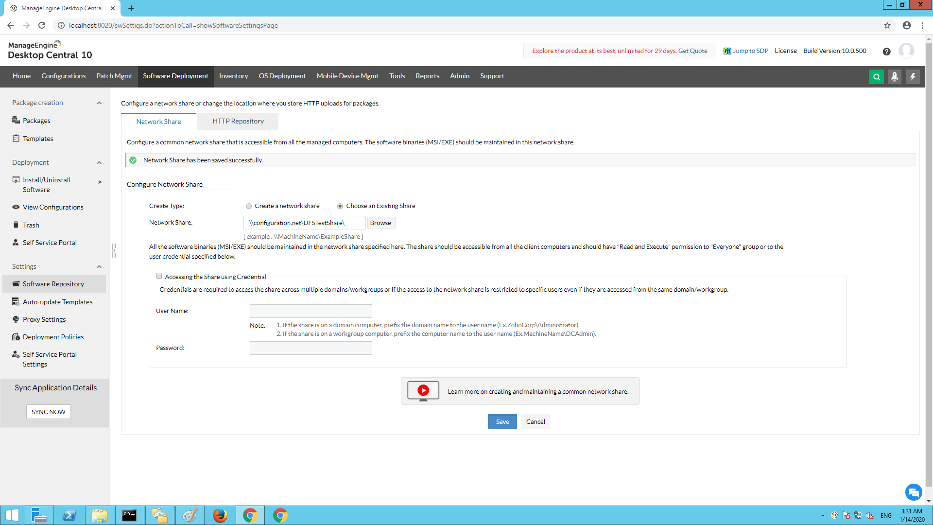 Configuring the DFS shared folder path as the Network Share repository.