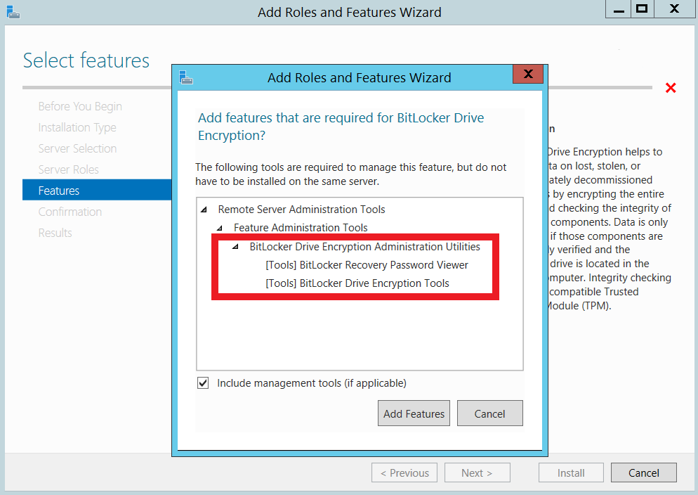 Enabling Bitlocker using Server Manager