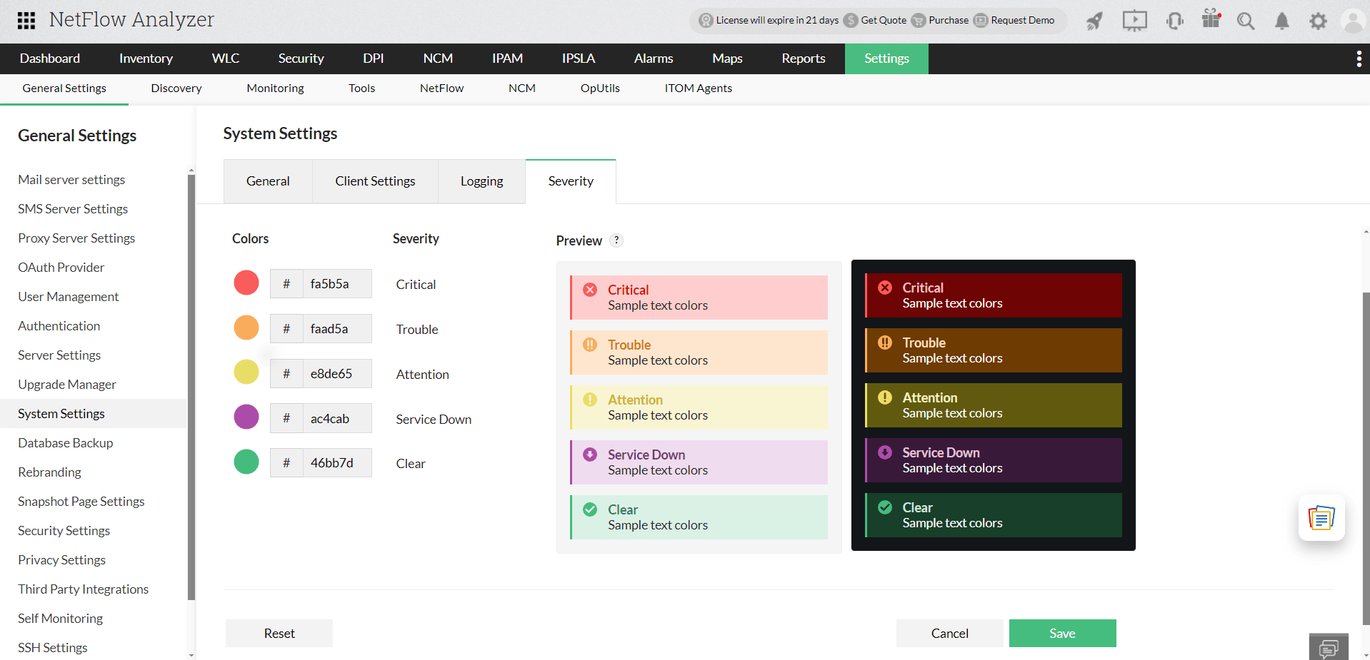 Severity Color Settings in NetFlow Analyzer- System Settings