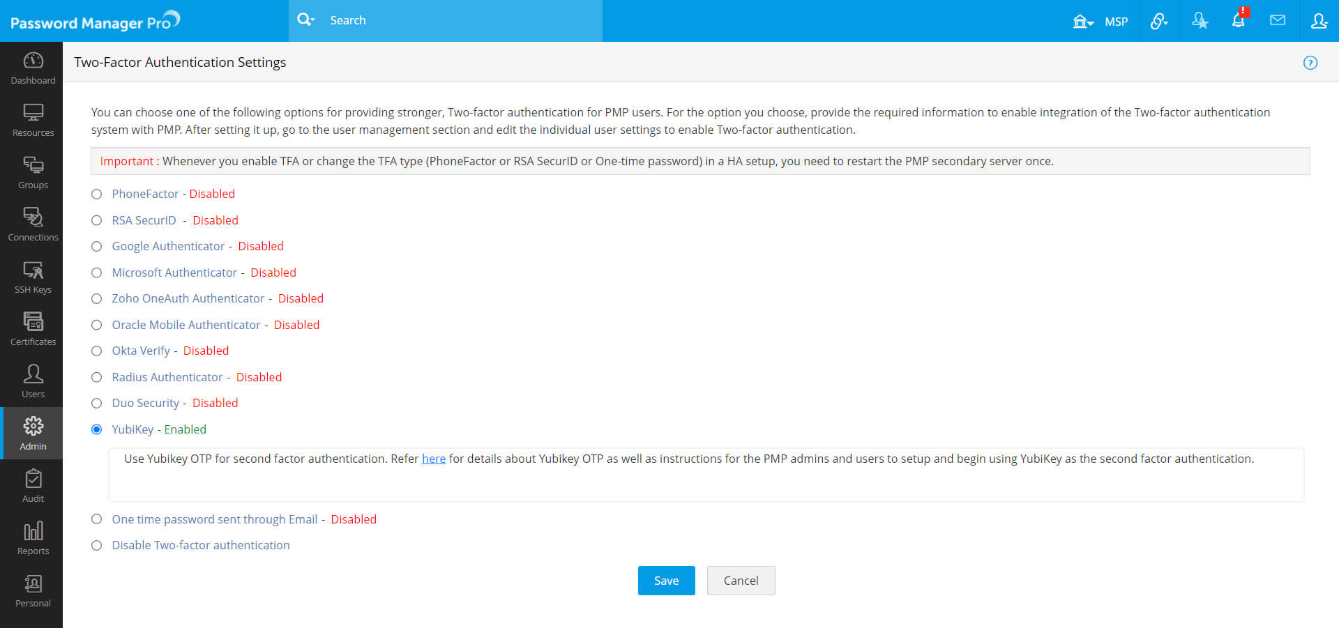 Two factor authentication settings