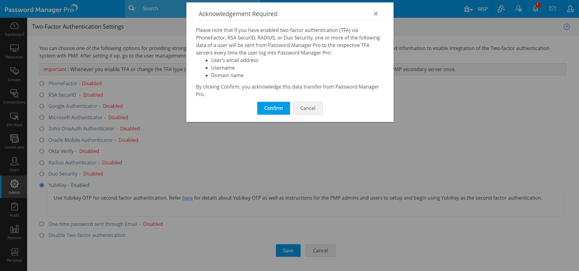 Confirmation for enabling Yubikey TFA