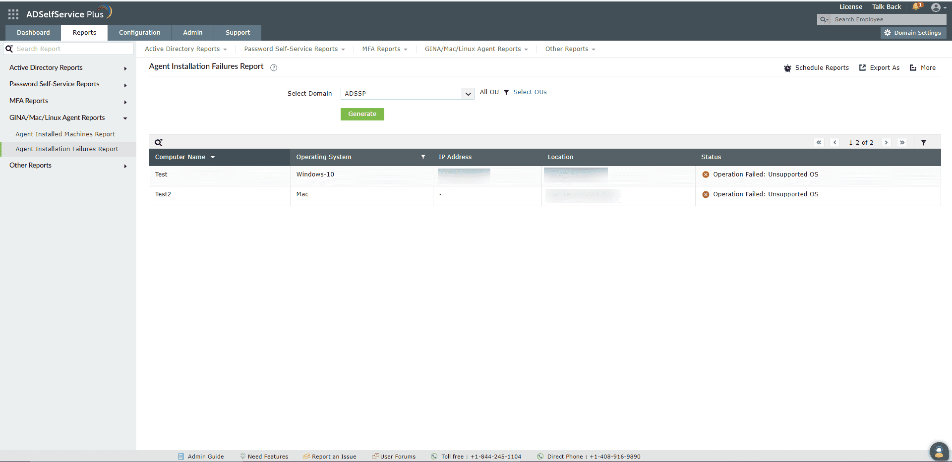 An image showing the Agent Installation Failures Report in ADSelfService Plus