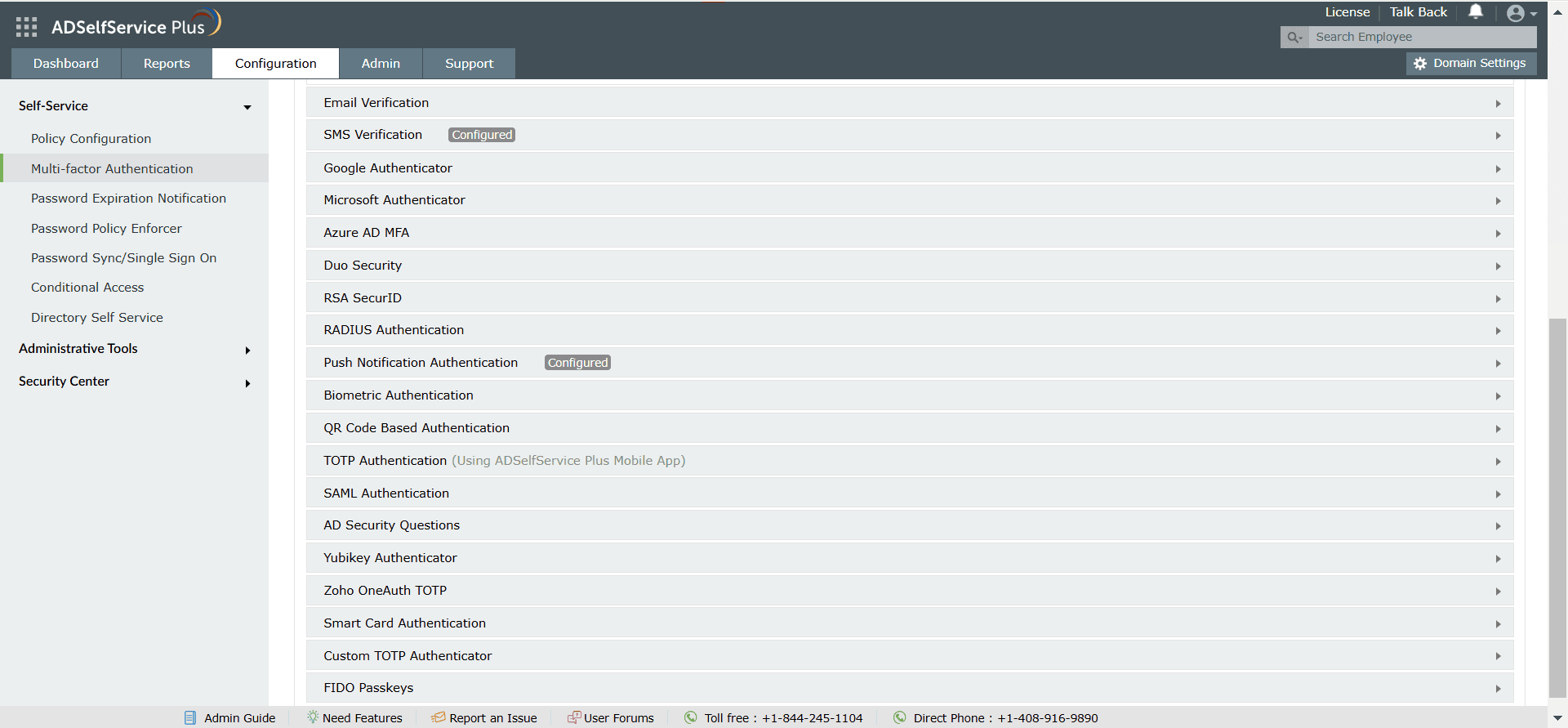 A screenshot showing the variety of authentication factors available in ADSelfService Plus