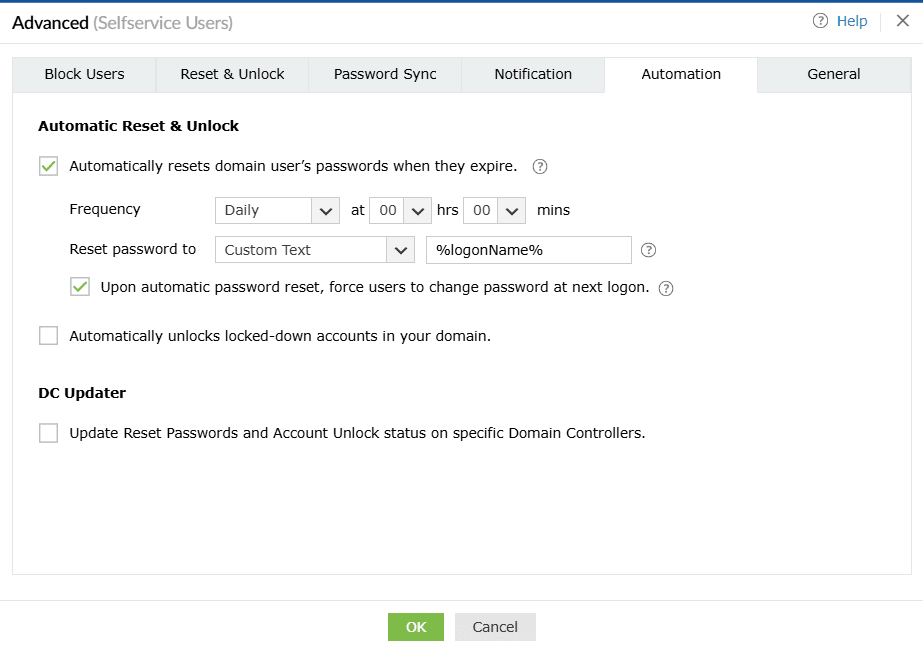 Screenshot of the Automation tab in ADSelfService Plus where automatic password reset can be configured.