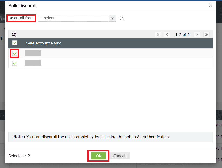 Bulk Disenroll pop-up for selecting authenticators