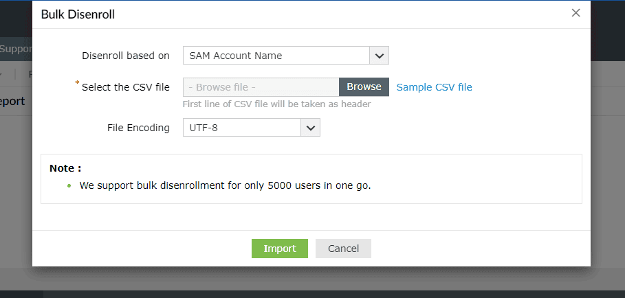 Uploading the CSV file in the Bulk Disenroll pop-up