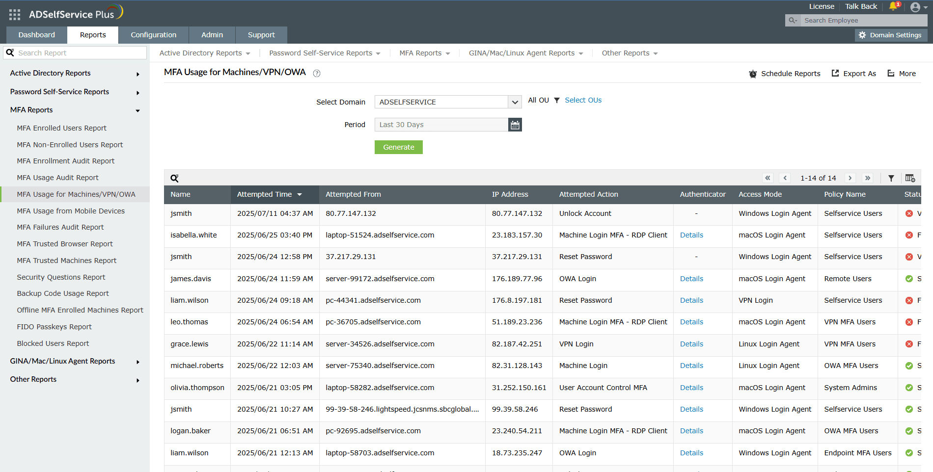 Screenshot of the MFA Usage for Machines/VPN/OWA report in ADSelfService Plus for tracking Active Directory MFA usage across machines, VPN connections, and OWA logins.