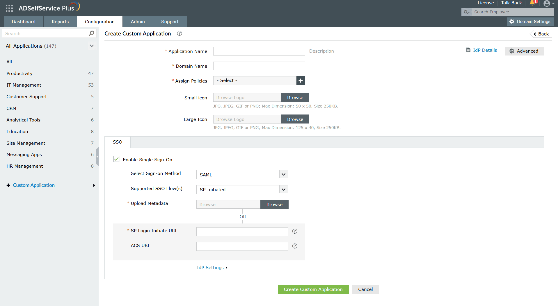 An image showing the custom app SSO configuration in ADSelfService Plus