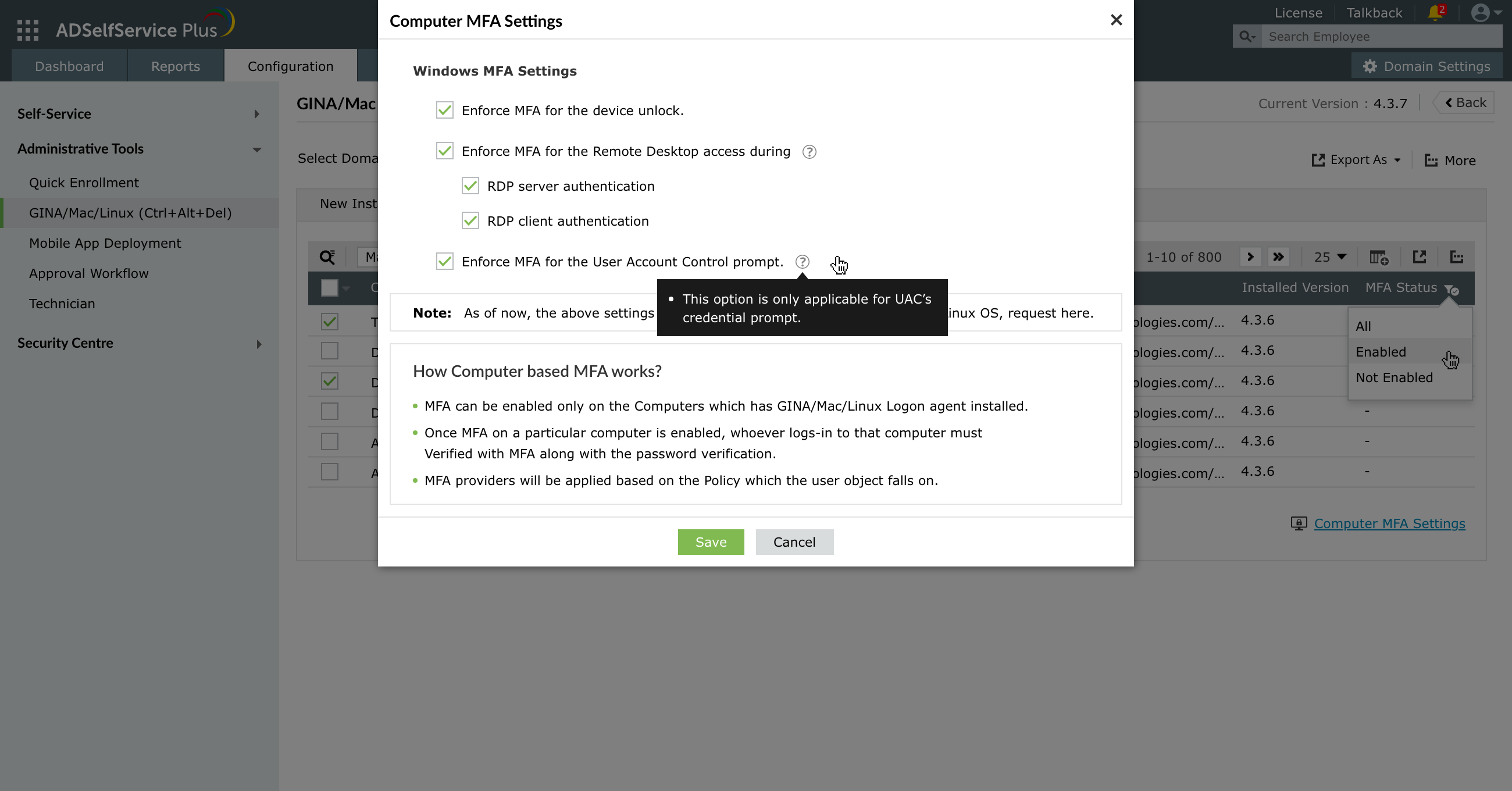 Enable MFA or 2FA for UAC through ADSelfService Plus