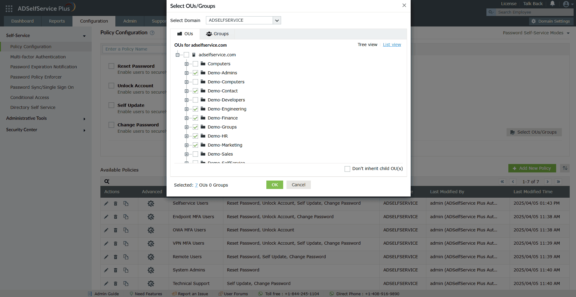 Screenshot of ADSelfService Plus web portal's user policy section for selecting OUs and groups to enable Active Directory MFA.