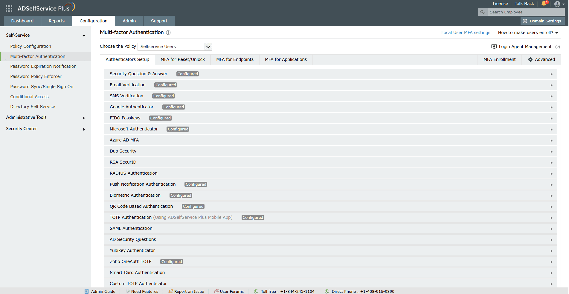 List of authenticators supported by ADSelfService Plus, including push notification, OTP, biometrics, and smart card.
