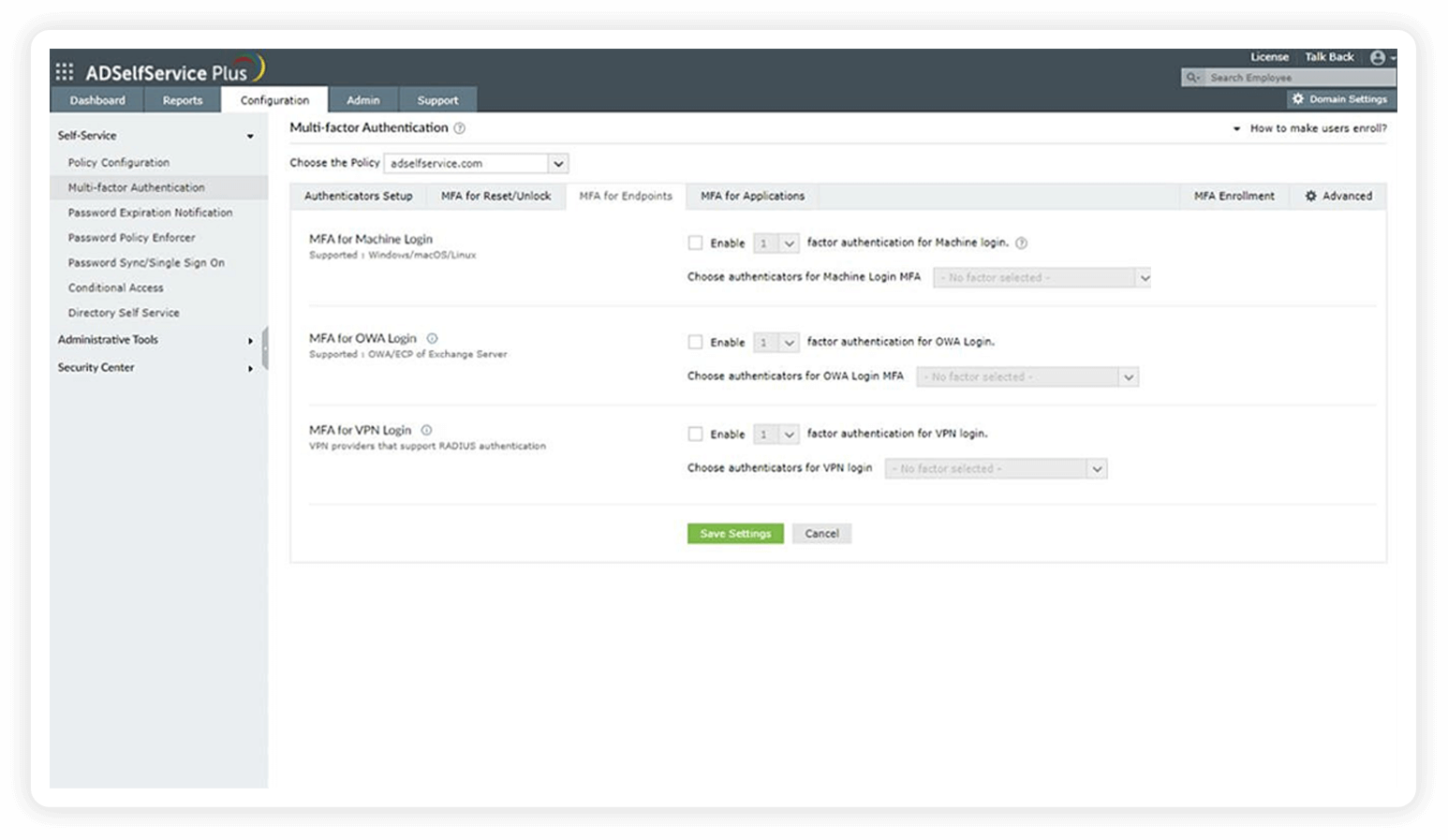 Configure MFA for endpoints in ADSelfService Plus to achieve compliance with NIST.