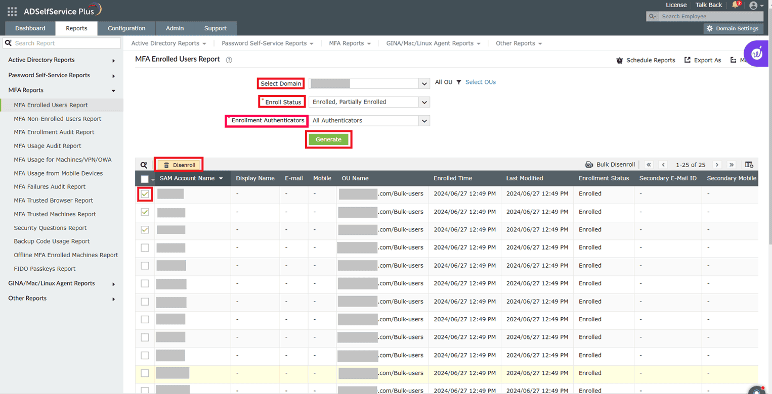 MFA Enrolled Users Report with the Disenroll option displayed