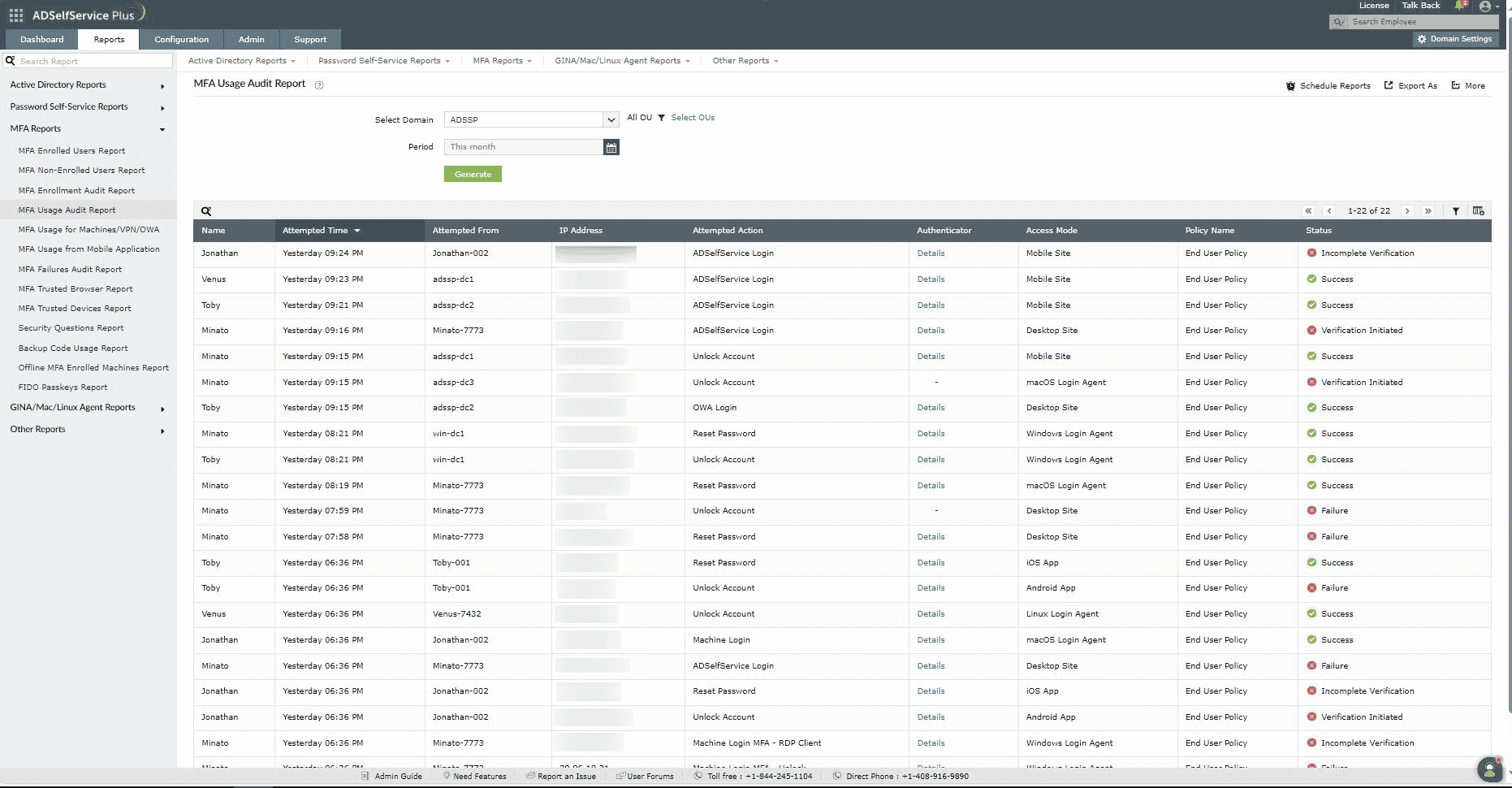 An image showing the MFA Usage Audit Report in ADSelfService Plus