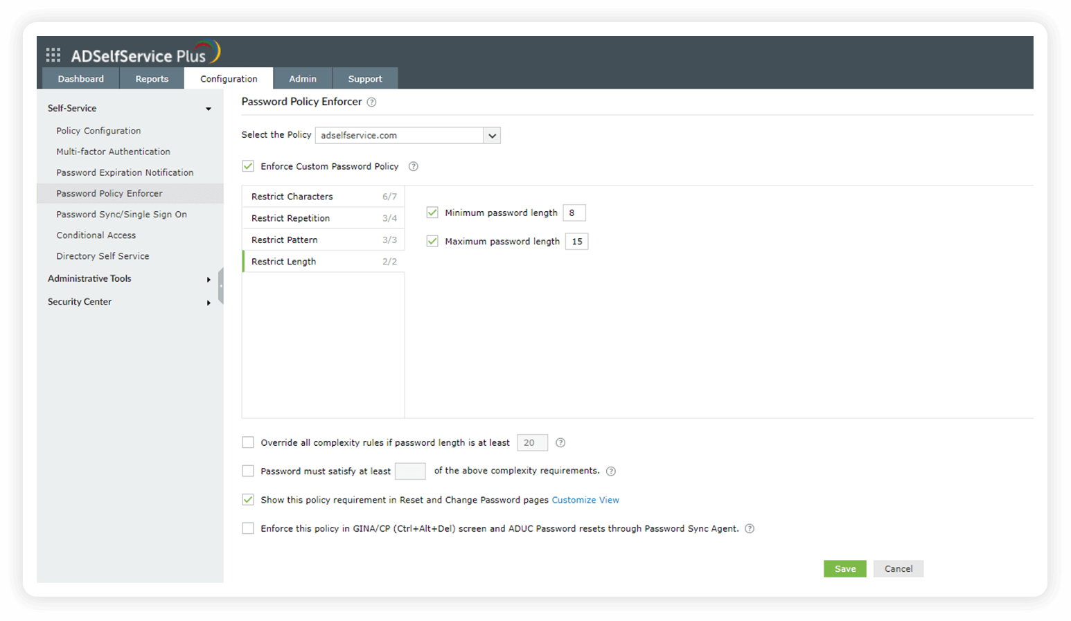 The Password Policy Enforcer's Restrict Length tab configuring minimum and maximum password characters for NIST compliance.